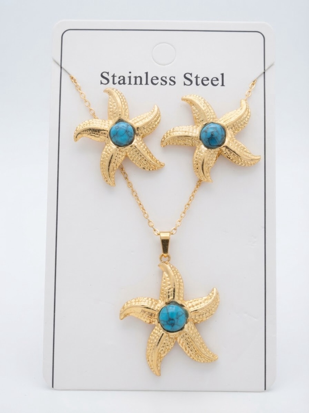 Stainless Steel Gold Starfish Necklace and Earring Set Women’s jewelry!